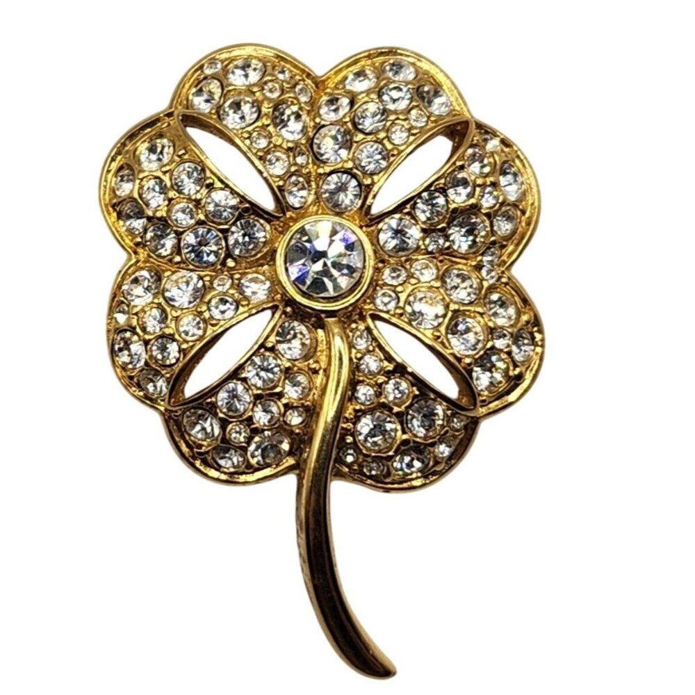 Vintage Swarovski Swan Signed Clover Brooch Gold Tone Rhinestone Shamrock Pin